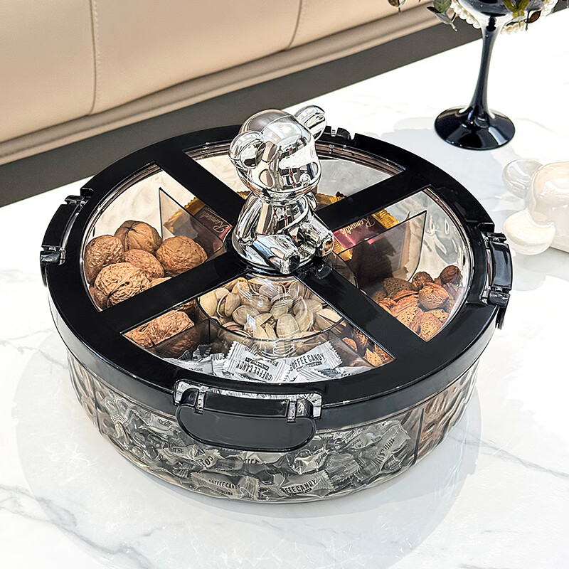 Mai Xuan dried fruit plate divided fruit plate for living room and tea house 2025 new snack plate candy box New Year high-end melon seed plate light luxury black-rotatable