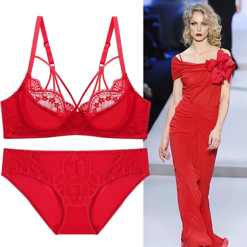 Victoria Palace Sexy Lace Bra Thin Bra Push-up Breathable Underwear Bra Top-Up Side-Collecting Bra Bra Underwear Red Set 70A 32