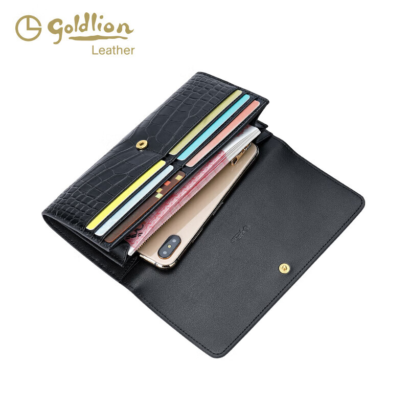 Goldlion 2024 New Fashion Wallet Women's Long Multi-Card Slot Coin Purse Cowhide Clutch Wallet Clutch Black