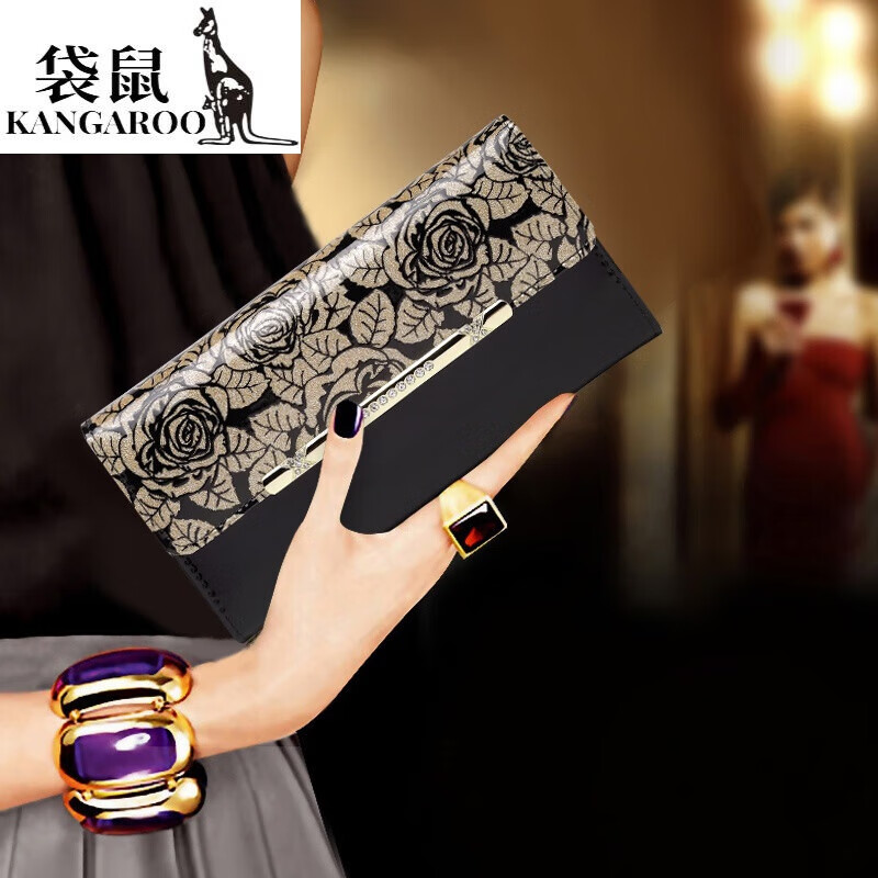 Kangaroo fashion temperament bright leather long wallet for women versatile internet celebrity new style leather inside and outside with multiple slots for banknotes holder for mobile phone Red Rose - genuine leather inside and outside High-end gift box packaging