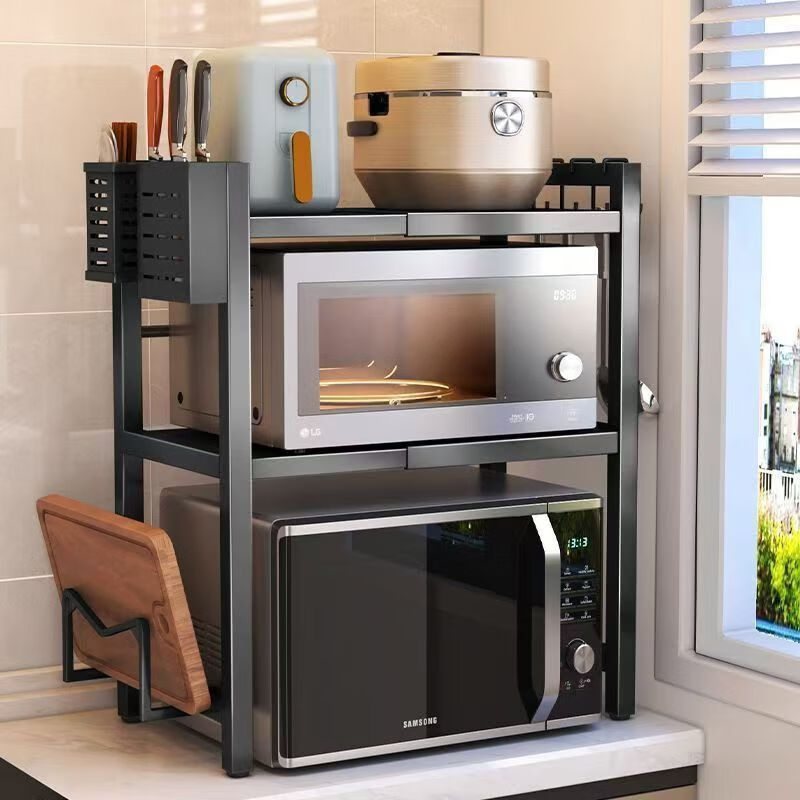 LZJV thickened countertop kitchen microwave storage rack retractable desktop multi-layer rice cooker oven household storage artifact black retractable single layer 6 hooks