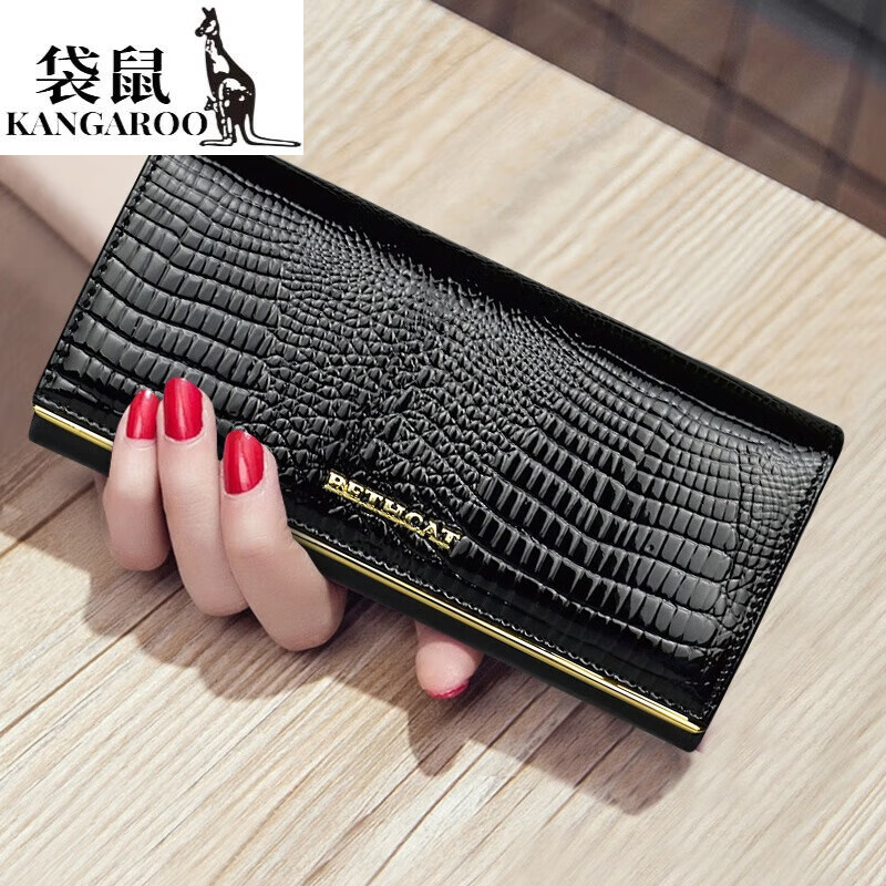 Kangaroo high-end crocodile pattern long wallet with feminine temperament 2025 new genuine leather large-capacity multi-compartment wallet for mobile phone High-end gift box green-made of genuine leather Gift box packaging