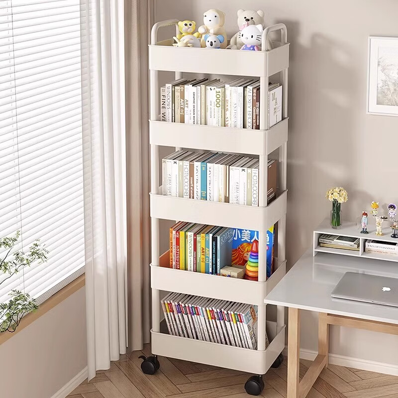 Xinwujia Bookshelf Trolley Storage Rack Desktop Storage Rack Simple Household Toy Bookcase with Wheels Mobile Floor-standing Snacks 3-layer-Milk White Free 4 Universal Wheels