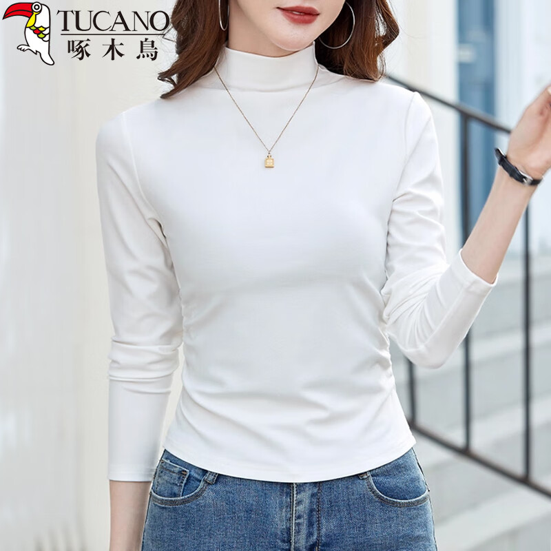 Woodpecker pure cotton long-sleeved T-shirt bottoming shirt for women spring and autumn solid color versatile half turtleneck slim inner top for women white L
