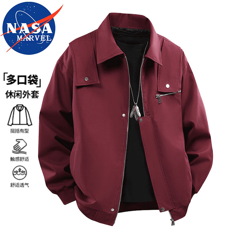 NASA MARVEL Jacket Men's Spring and Autumn Casual Young and Middle-aged Loose Lapel Breathable Long-Sleeved Jacket Top Black XL