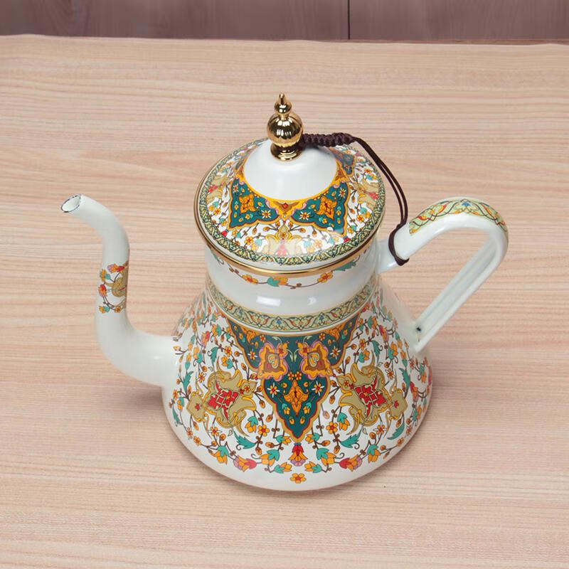 OEMG Russia imported 1.2L enamel milk kettle oil kettle vinegar pot coffee pot tea cold kettle enamel flower teapot 1.2L waist kettle (Russian flower) with filter