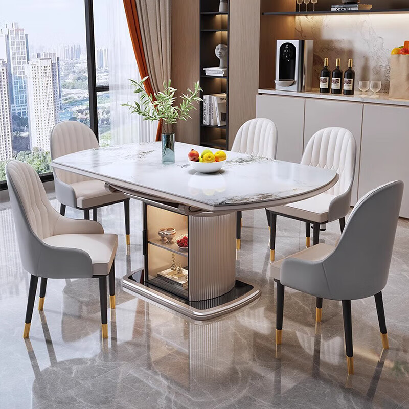 Slate dining table with square and round functions, retractable, variable circular storage, modern, simple, light luxury, small household dining table, 1 table + 8 space chairs, luxury induction cooker model, 1.35m, thickened slate 12mm
