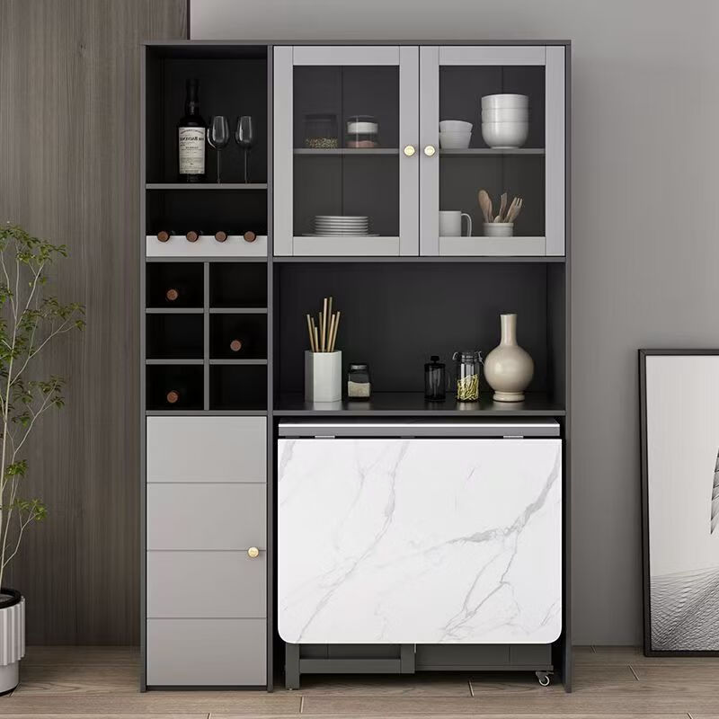 Jinni Yilan folding dining table household gray tabletop with storage cabinet removable small apartment dining table retractable with sideboard (1.2*0.4*1.85)