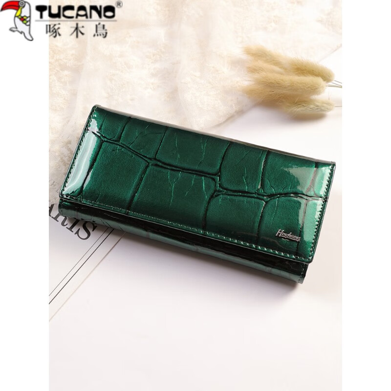 Woodpecker (TUCANO) 2025 New Genuine Leather Long Hand Wallet Women's Bright Leather Multi-Card Slot Folding Large Capacity Wallet Enlarges Mobile Phone Black