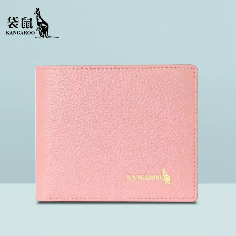 Kangaroo (KANGAROO) Brand Women's Wallet Genuine Leather Short Wallet 2024 Chinese Valentine's Day Small Cute Simple Student Folding Wallet Pink-Horizontal Style