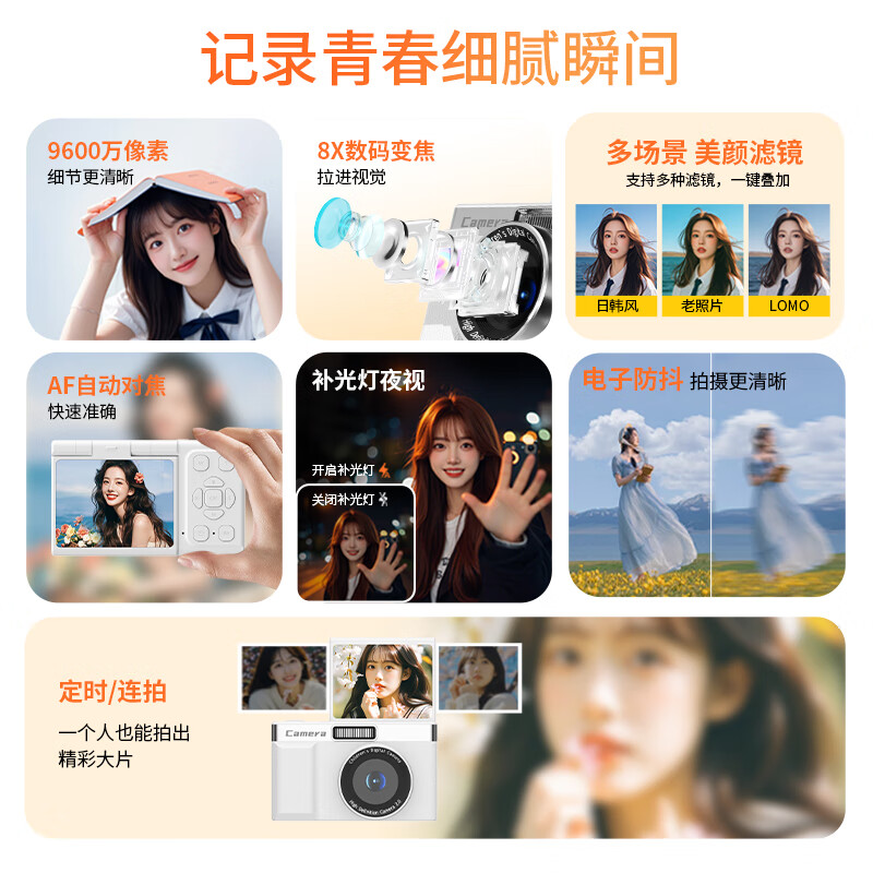 Yingshunda flip-screen self-portrait student digital camera birthday gift for girls entry-level mirrorless campus high-definition travel ccd Z6 white flip-up screen + flash + filter bare metal model no card cannot be transferred to mobile phone