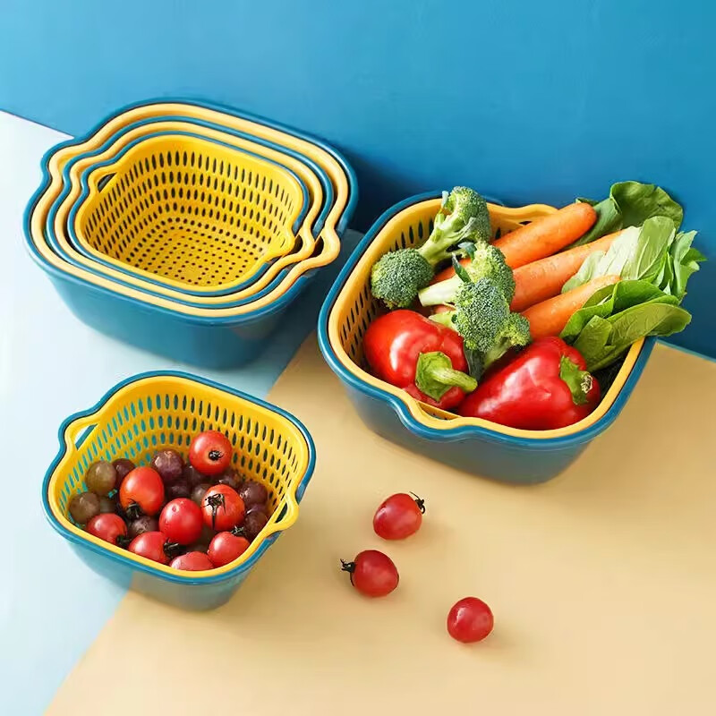 MiHangshu kitchen drain basket, vegetable basin, fruit and vegetable basket, vegetable basket, storage basin, double-layer drain basket, vegetable basin, 8-piece set, extra large + large + medium + small, blue and yellow two colors