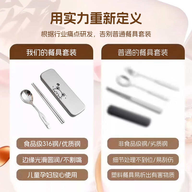 Ward Baihui children's portable cutlery box for primary school students 316 stainless steel chopsticks and spoons set food grade with box personal use Doudou bear chopsticks and spoon box