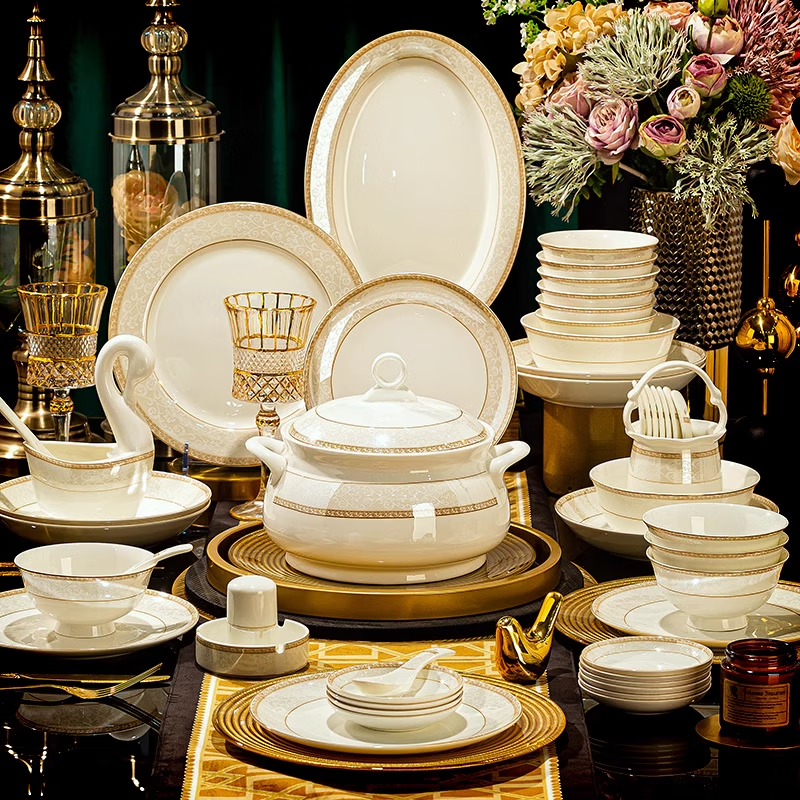 GIOIO high-end ceramic tableware set gift box European style high-end luxury ceramic bowl and plate combination household dishes and plate set 3 8-inch rice plates + 1 spare