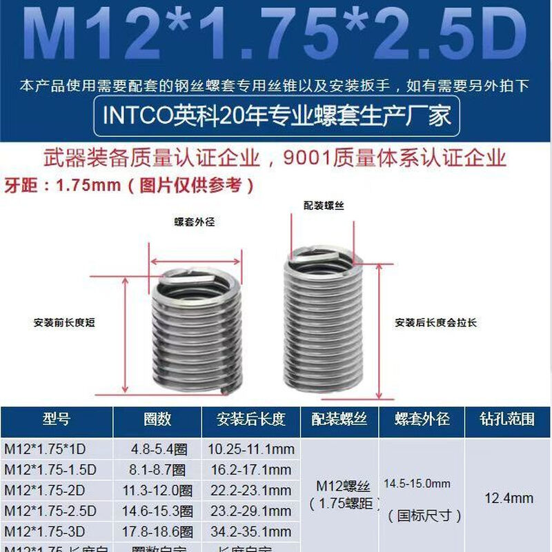 Shantou Lincun thread protective sleeve stainless steel braces wire thread sleeve screw sleeve steel braces braces M12*1.75 pitch*2.5D (200 pieces)