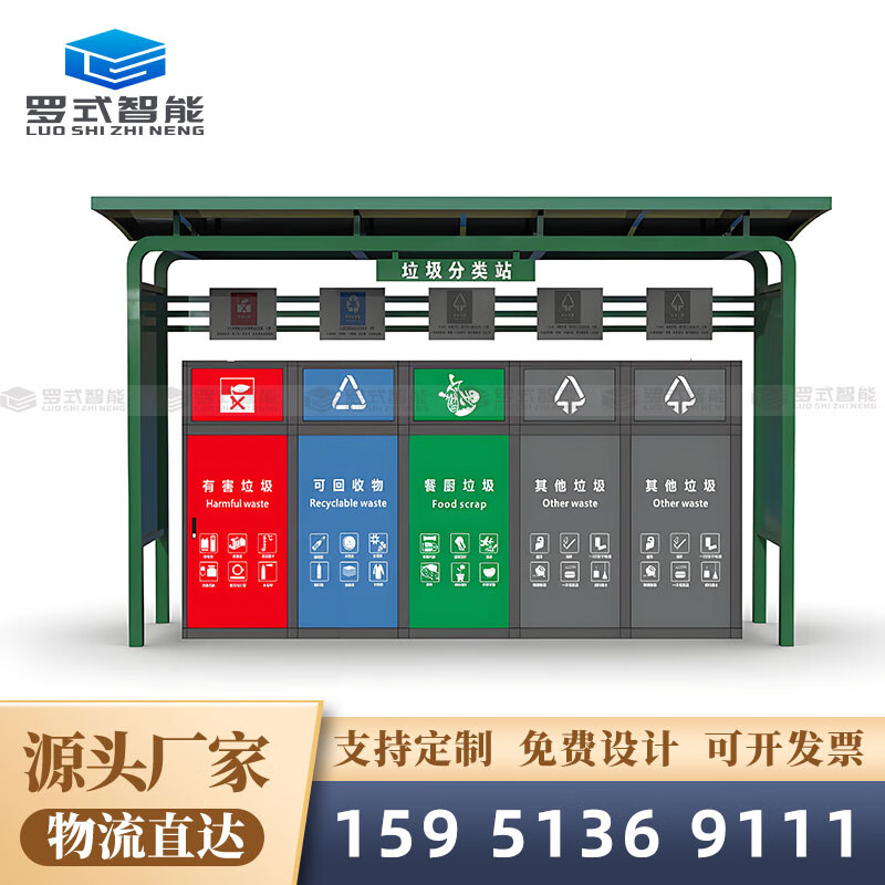 Wen Yijia Outdoor Garbage Sorting Pavilion Street Community Foot-operated Four-Class Trash Bin Stainless Steel Sorting Room Collection Station Dark Green Size and color can be customized, please consult customer service