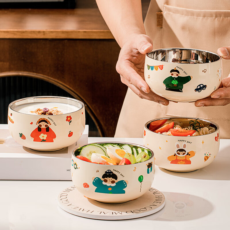 TREEJACK 316L stainless steel children's cartoon rice bowl kindergarten home baby yogurt fruit bowl food supplement bowl noodle soup bowl