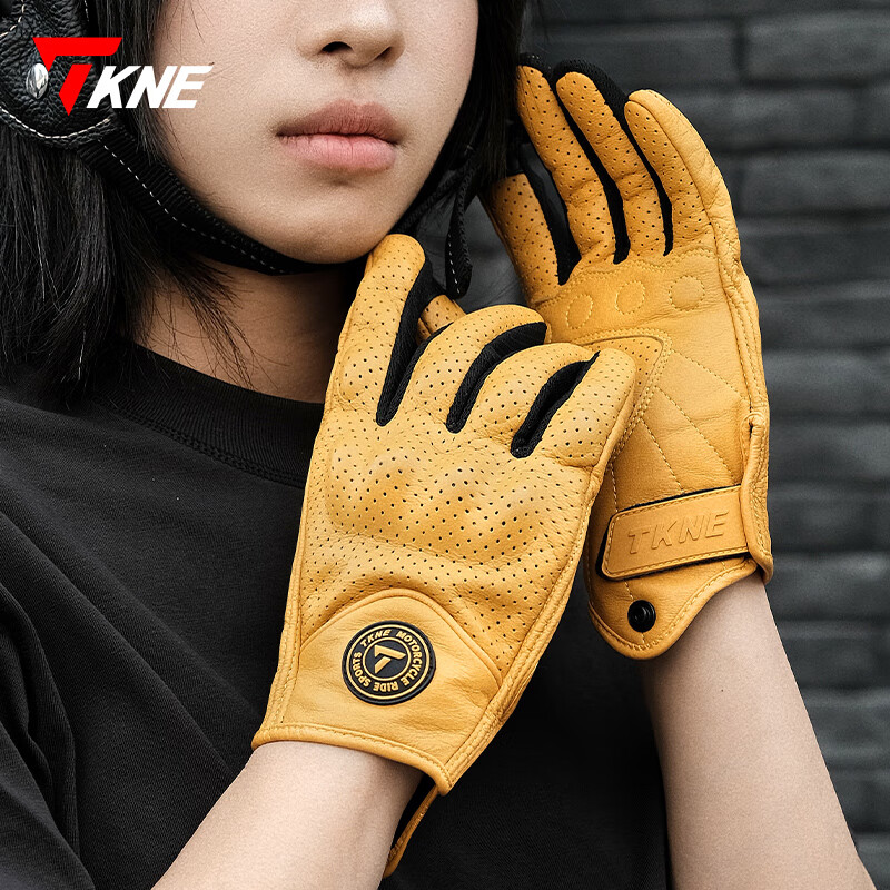 TKNE summer motorcycle gloves men's anti-fall breathable sheepskin retro KP10/brown summer style-hole L
