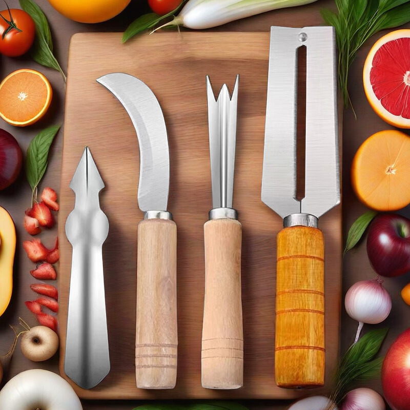 Cong First Floor Pineapple Knife Peeler Stainless Steel Pineapple Peeling Artifact Pineapple Special Knife Eye Clamp Peeling Pineapple Knife Fruit Scimitar Stainless Steel Pineapple Tools Wooden Handle 4-piece Set