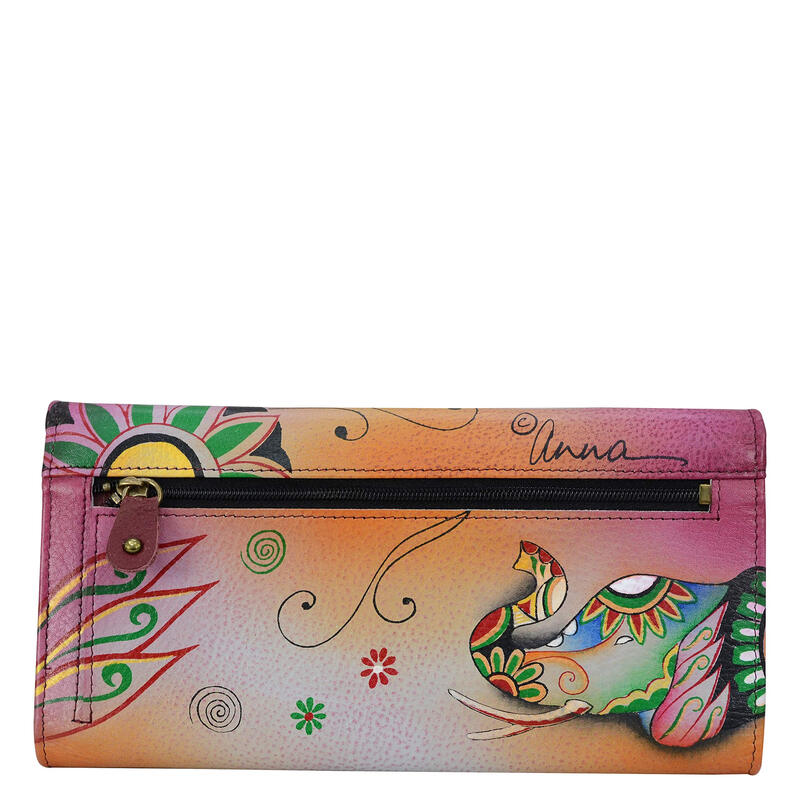 Anna by Anuschka elephant pattern women's multi-card slot full leather wallet, retro hand-painted style, retro elephant, one size fits all
