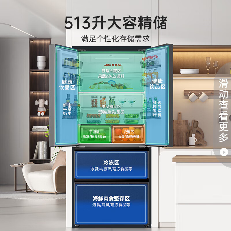 Rongsheng 513Lpro French multi-door IDP active sterilization refrigerator BCD-513WD18MP dual system dual cycle first-level energy efficiency air-cooled frost-free large capacity three-pack machine with slight defects