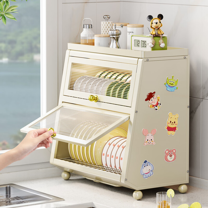 Jibaiju kitchen rack cupboard dish storage rack countertop household dish storage tableware bowl chopstick box drain rack 52cm three-layer dish cabinet + chopsticks and spoon basket + milk white