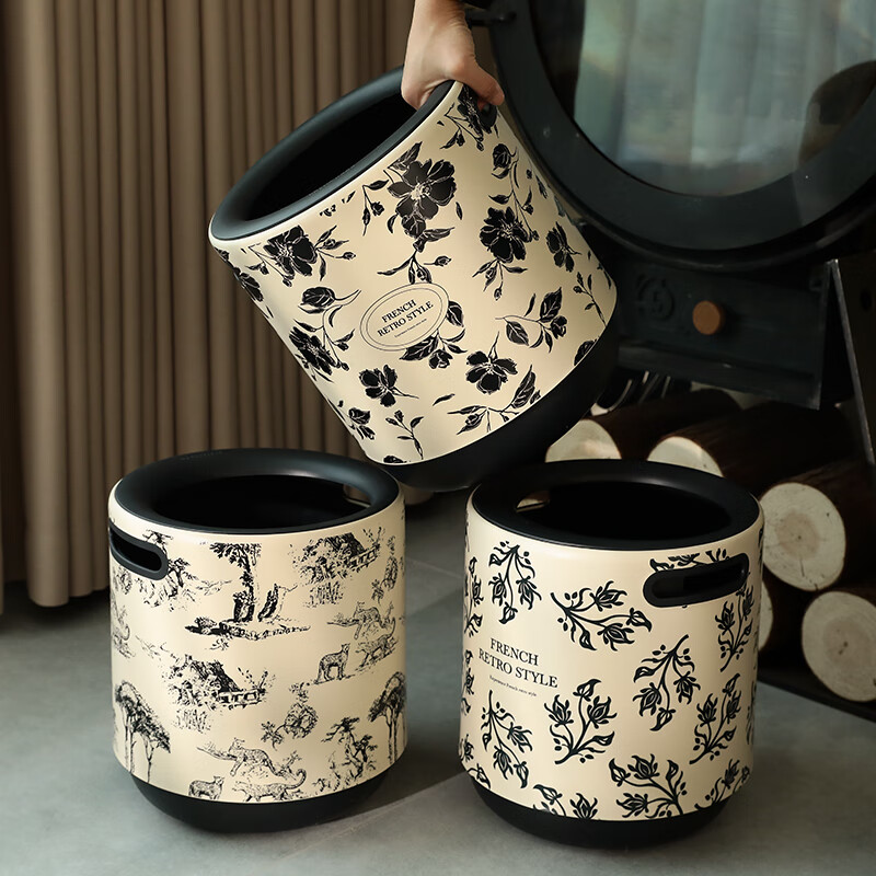 Sanmu Qinghe French trash can for home living room new light luxury high-end French large capacity bedroom high-value double-layer bathroom Paris Flower Shadow (beige) 12L large capacity