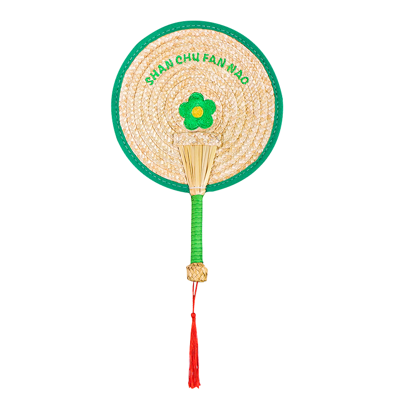 TaTanice hand-made cattail fan, straw woven round fan, embroidered hand-operated lightweight small cattail fan, straw woven sunflower green