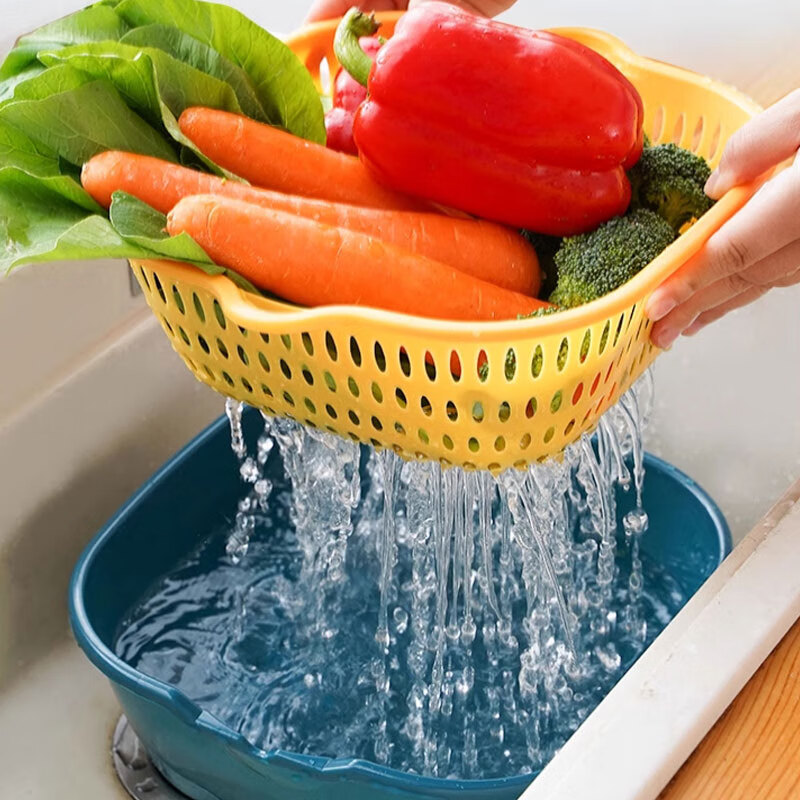 MiHangshu kitchen drain basket, vegetable basin, fruit and vegetable basket, vegetable basket, storage basin, double-layer drain basket, vegetable basin, 8-piece set, extra large + large + medium + small, blue and yellow two colors