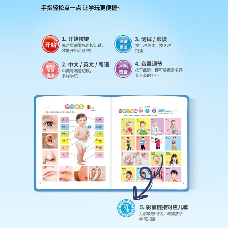 Haoyue Talking Early Education Audiobook Early Education Enlightenment Puzzle Sound Book Baby Learns to Talk Infant Cognition Reading Audiobook Popular Children's Songs Interesting Cantonese Chinese English Reading Bedtime Story Reading Pictures Literacy
