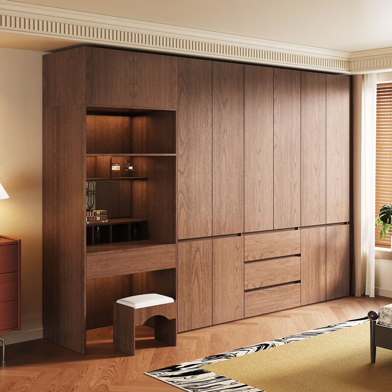 Jian Mu customized all solid wood wardrobe new style 2025 hot style home bedroom eighty or ninety door segmented handle-free oak wardrobe 2.5 meters long seven door wardrobe 2.6 meters high wardrobe + top cabinet