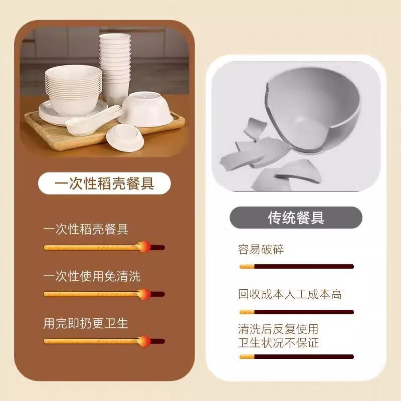 Rice husk disposable bowl printed round bowl degradable environmentally friendly food grade household thickening and hardening high temperature resistant camping Ping An Xile rice husk bowl original color 100 pieces