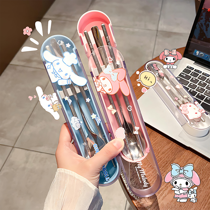 Miss Yoka Sanrio spoon and chopstick set household cute children's stainless steel portable tableware office worker student storage box big-eared dog stainless steel portable chopsticks and spoons
