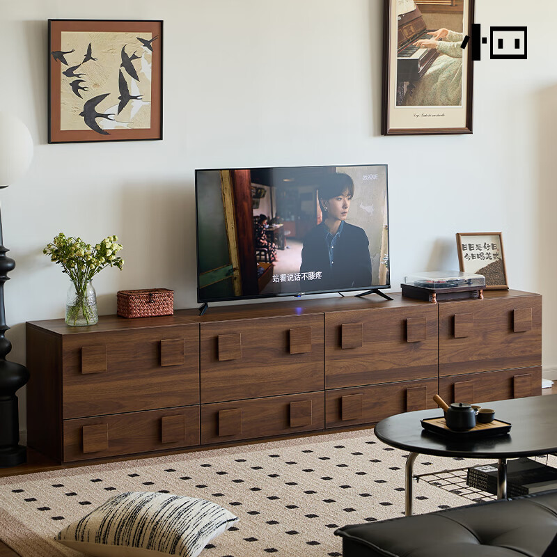 Xiaosi solid wood TV cabinet floor-to-ceiling living room home retro walnut color second-hand car door cabinet combination module side cabinet bookcase four cabinets black walnut color