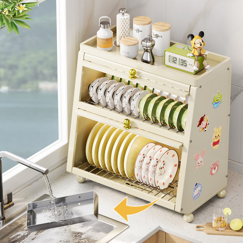 Jibaiju kitchen rack cupboard dish storage rack countertop household dish storage tableware bowl chopstick box drain rack 52cm three-layer dish cabinet + chopsticks and spoon basket + milk white