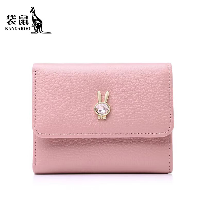 Kangaroo wallet women's short 2025 new first-layer cowhide women's hand-held fashionable three-fold hand-grabbed coin purse card holder pink horse
