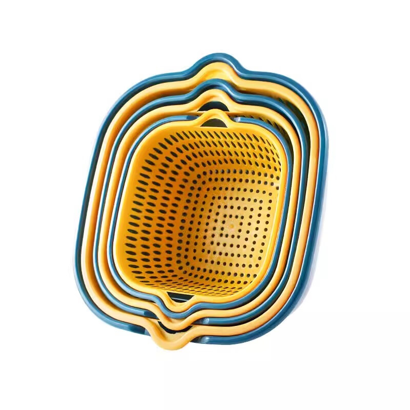 MiHangshu kitchen drain basket, vegetable basin, fruit and vegetable basket, vegetable basket, storage basin, double-layer drain basket, vegetable basin, 8-piece set, extra large + large + medium + small, blue and yellow two colors