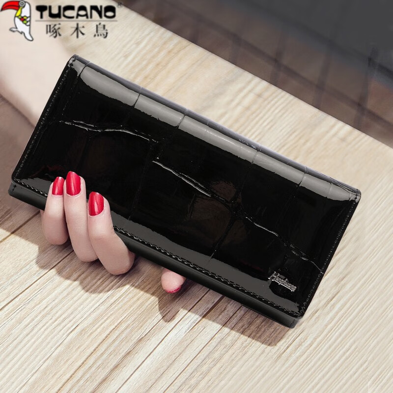 Woodpecker (TUCANO) 2025 New Genuine Leather Long Hand Wallet Women's Bright Leather Multi-Card Slot Folding Large Capacity Wallet Enlarges Mobile Phone Black