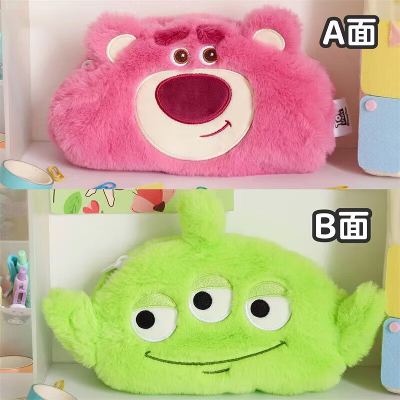 Plush double-sided cartoon storage coin purse Strawberry Bear-Big Eyes Double-sided pencil case / one size fits all
