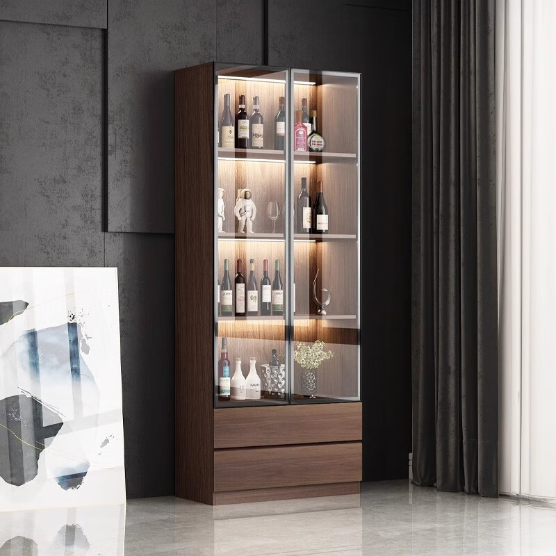 New solid wood wine cabinet living room wall display cabinet home light luxury high-end modern simple glass door small bookcase J type 0.8 meters walnut color with light delivery and installation included