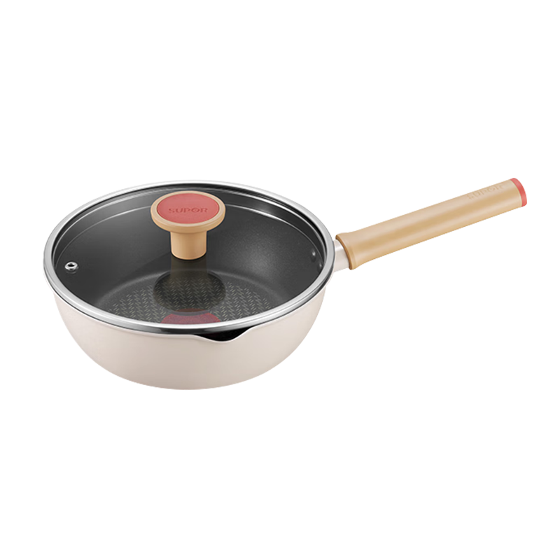 Supor lightweight non-stick frying pan, deep frying pan, household frying steak, gas stove, induction cooker, universal, suitable for 1-3 people, cocoa milk tart 22cm