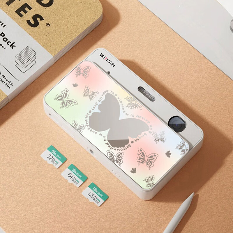 MUTRAIN high-definition digital camera selfie artifact student gift practical figure photography CCD travel vlog campus scenery camera for girls entry-level portable retro compact pink-butterfly style 48 million pixels 128G memory card + gift box