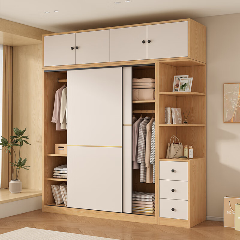 Jingran ENF grade solid wood wardrobe bedroom sliding door storage cabinet modern simple storage cabinet combination all solid wood wardrobe two doors main cabinet 120 + side cabinet + top cabinet