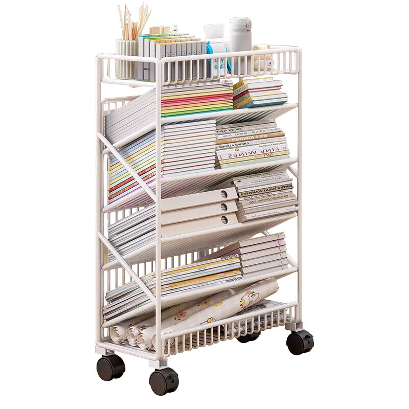 HALODN bookshelf movable tableside storage rack classroom desk for students to put books on the shelf with wheels, bookshelf, upgraded guardrail + pulleys*4, 6-layer black