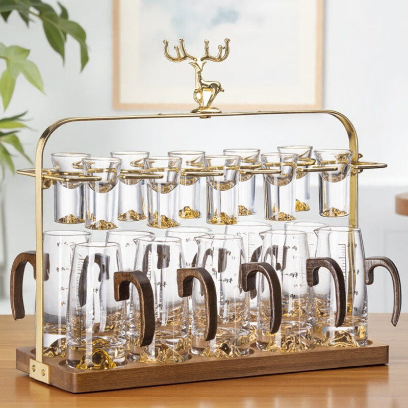 Lugaris walnut handle white wine glass wine dispenser set Jinshan household crystal glass Chinese style light luxury wine set 6 pots 6 cups three-layer rack wooden handle Jinshan wine dispenser + Jinshan gold-rim bullet cup