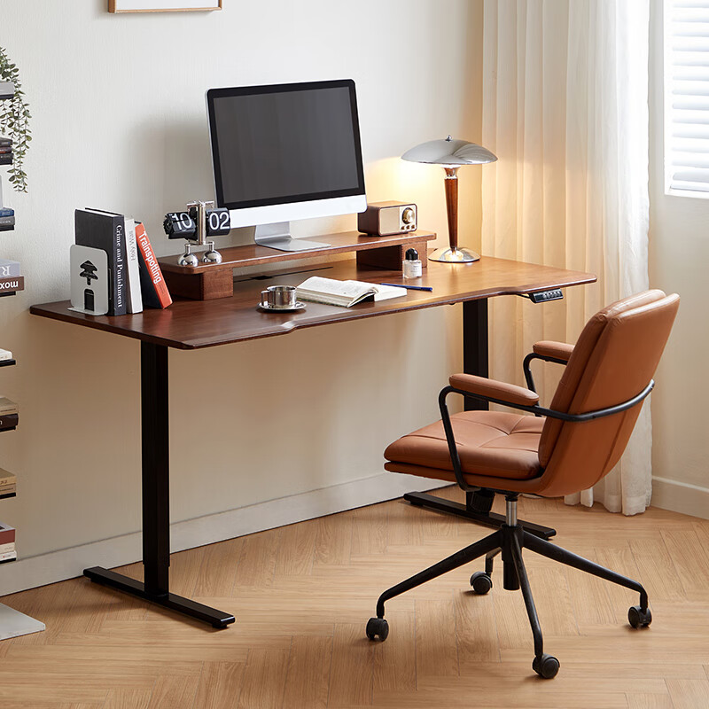 Lin's home solid wood electric lifting table walnut color long desk automatic lifting computer desk office wood industry LH292V1