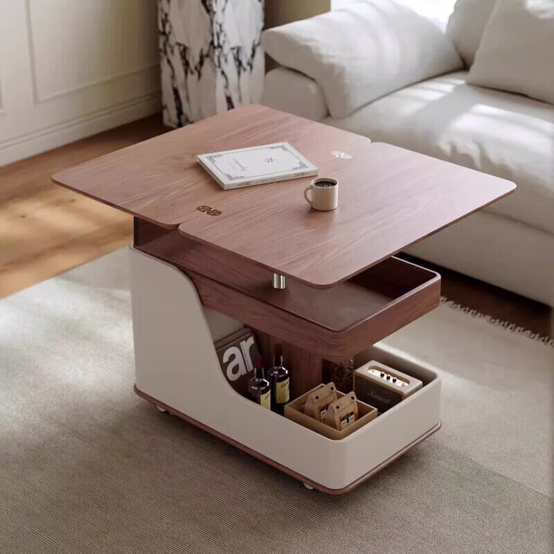 Qingzi Yu sofa side table, removable lifting and folding coffee table with wheels, corner table, antique style living room balcony coffee table that does not take up space, lifting and folding side table, walnut wood grain