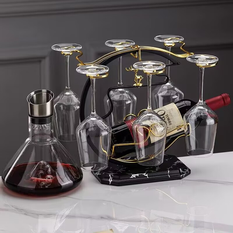 Haoqifang Crystal Red Wine Glass Hanging Rack Decanter Set Upside Down Solid Wood Large Capacity Goblet Rack Wine Cabinet Decoration Housewarming Gift Marble Fulu Wine Rack B Set
