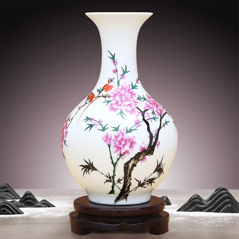 Proud Jingdezhen ceramic small vase, new Chinese style handicrafts, living room decorations, wine cabinet, office rack decoration, water point peach blossom appreciation bottle (with wooden rotating base)