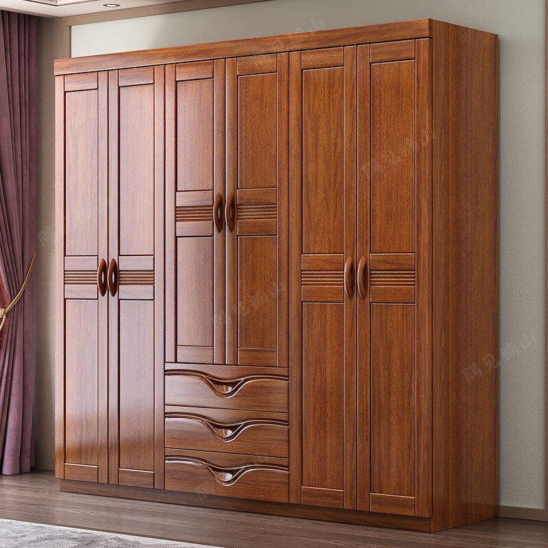 Mu Tisen new Chinese style walnut solid wood wardrobe three doors four doors five doors six doors double door large wardrobe storage bedroom furniture six door wardrobe